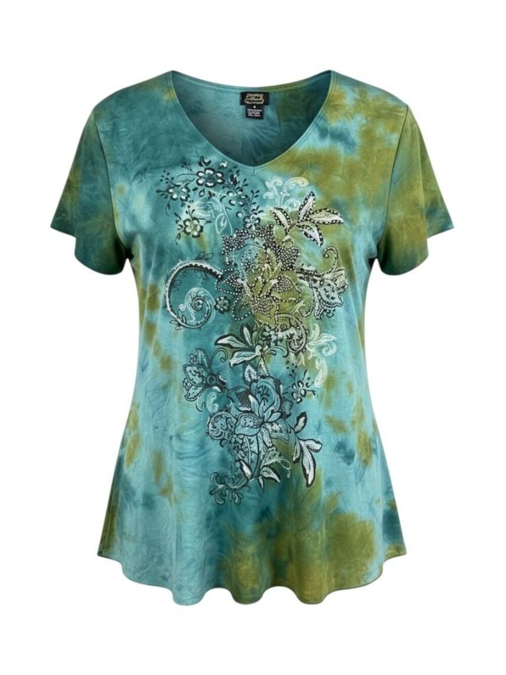 Shannon Ford Tie-Dye Floral V-Neck Top Womens 1X Blue Green Short-Sleeve